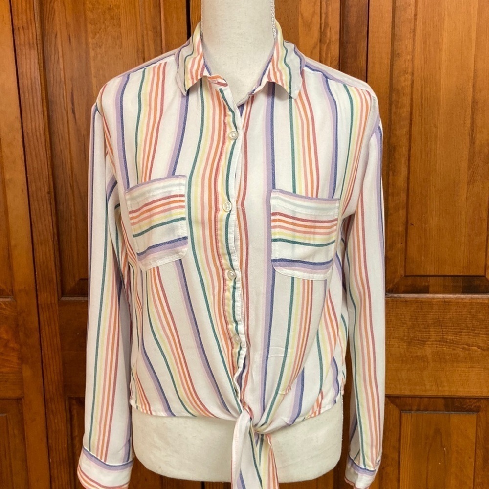 SO Striped Rayon Button Up Knotted Hem Blouse Size Small